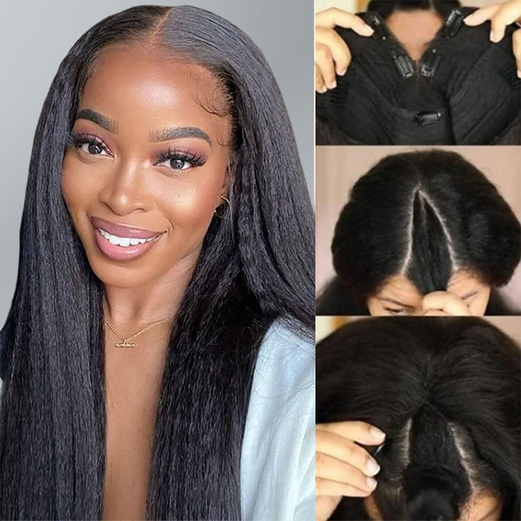Straight V Part Wigs Human Hair for Women Brazilian Human Hair Wigs No Lace Wigs with Straps Combs Clip in Half Wig No Leave Out,No Glue,No Sew-In