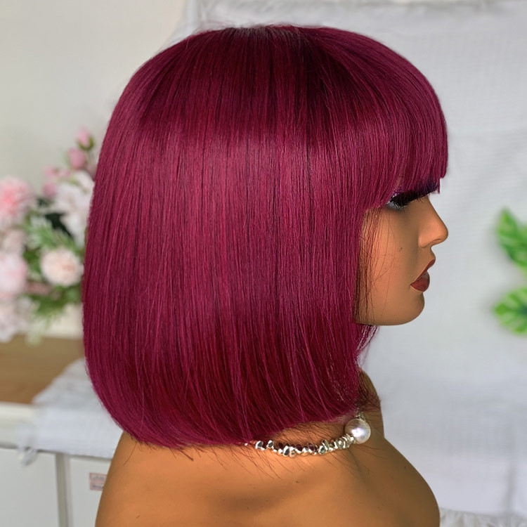 Short Burgundy Bob Wig With Bangs Straight Hair Affordable Wigs -Asteriahair